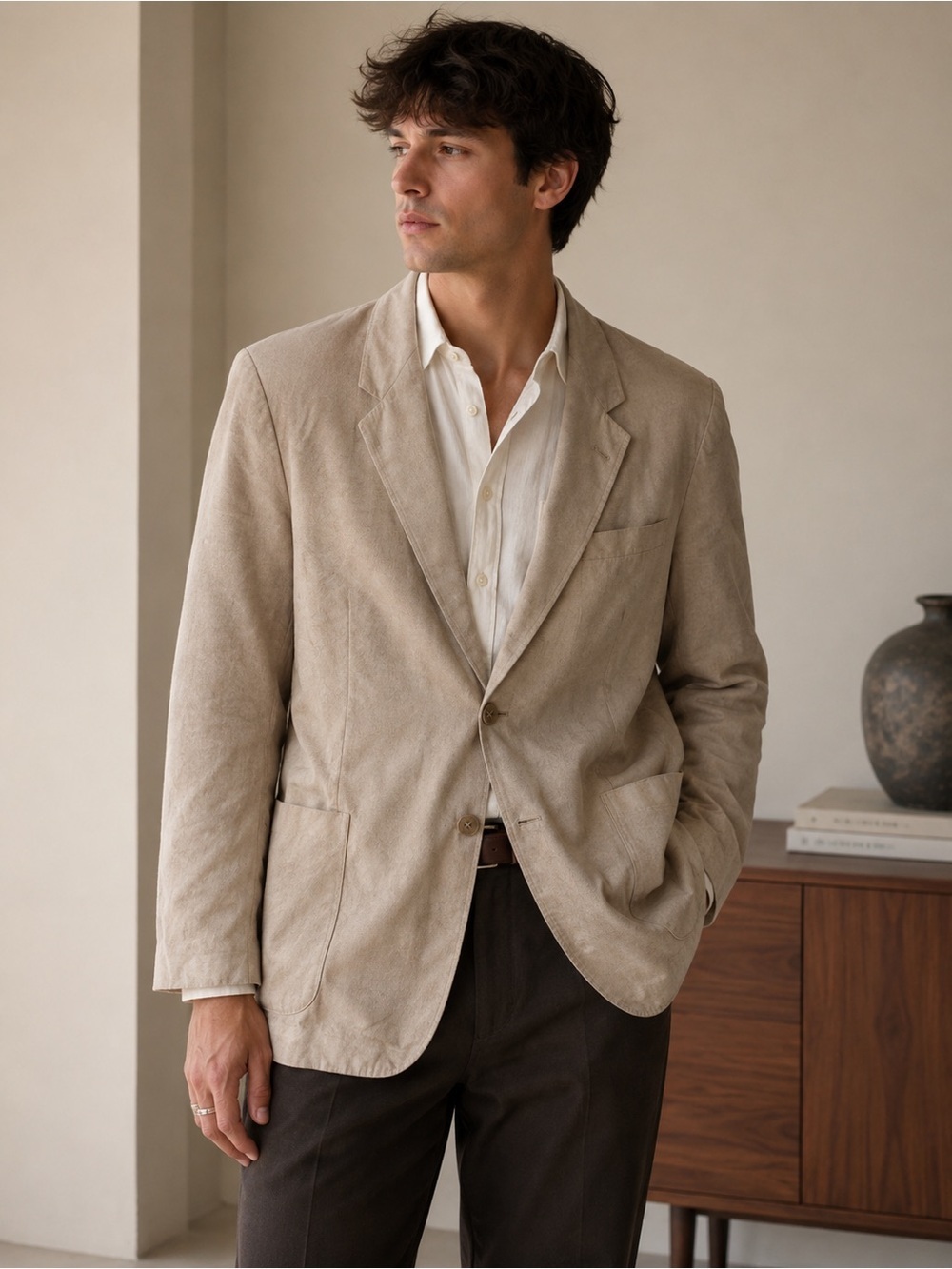 Vintage Retro Men's Beige Blazer Size 46 Work Business Dress Wedding Guest